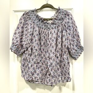 LOFT Black and White Smocked Puff Sleeve Blouse